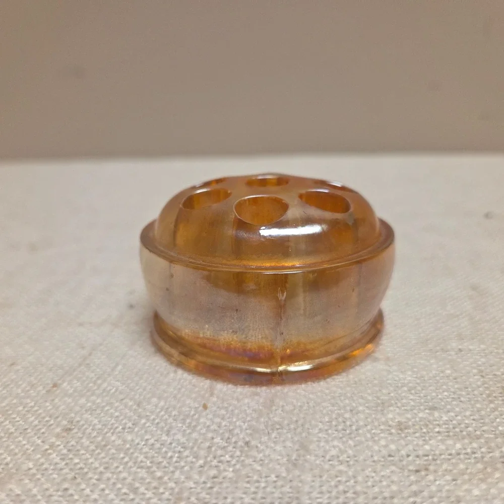 Vintage Amber Carnival Glass Flower Frog Iridescent Marigold 8 Hole Small Round